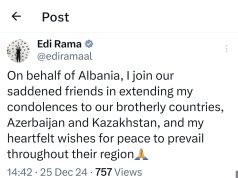 Kryeministri Rama ngushëllon për tragjedinë ajrore në Kazakistan