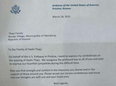 Ambasada Amerikane në Prishtinë ngushëllon Hashim Thaçin për vdekjen e babait