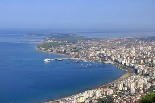 Vlora resort town, city embankment, beaches and the Adriatic Sea in Albania