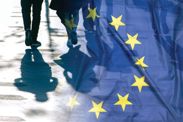 Eu,Or,European,Union,Flag,And,Shadows,Of,People,,Concept