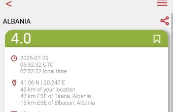 Tërmet, me magnitudë 4.0/ Lëkundjet u ndjenë edhe në Tiranë, epiqendra 15 km në lindje-juglindje të Elbasanit