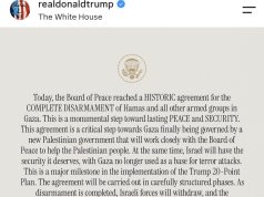 Trump: Arrihet marrëveshje historike për çarmatimin e Hamasit. Izraeli do të tërhiqet gradualisht, ndërsa Gaza do të administrohet nga një qeveri e re palestineze me mbështetje ndërkombëtare