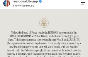 Trump: Arrihet marrëveshje historike për çarmatimin e Hamasit. Izraeli do të tërhiqet gradualisht, ndërsa Gaza do të administrohet nga një qeveri e re palestineze me mbështetje ndërkombëtare