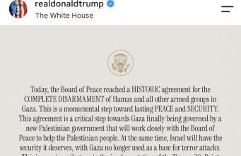Trump: Arrihet marrëveshje historike për çarmatimin e Hamasit. Izraeli do të tërhiqet gradualisht, ndërsa Gaza do të administrohet nga një qeveri e re palestineze me mbështetje ndërkombëtare