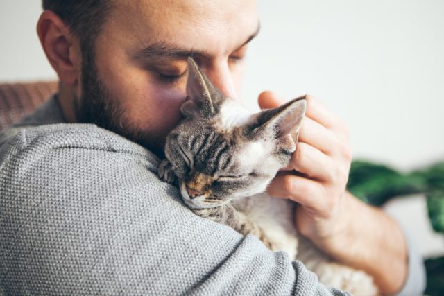 Portrait,Of,Happy,Snuggling,Cat,With,Close,Eyes,And,Young